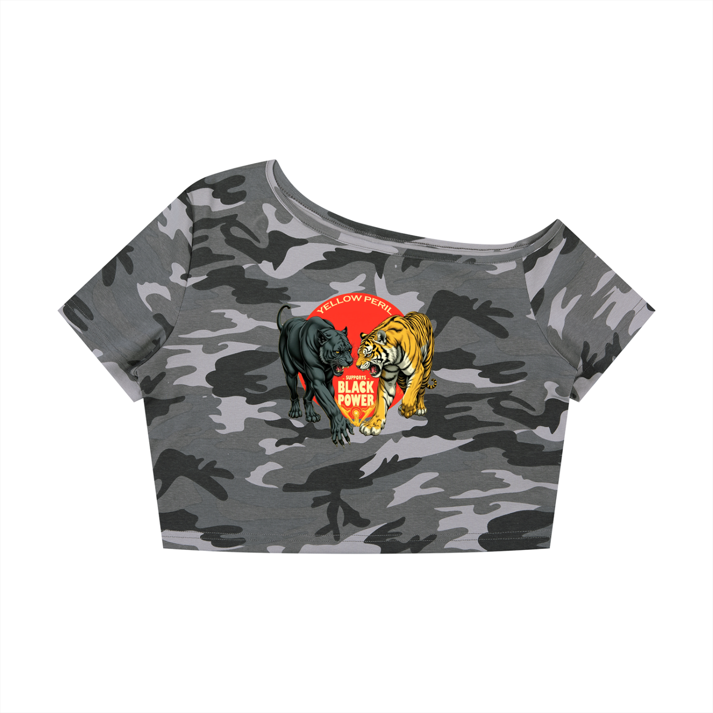 Women's Camo Off-Shoulder Crop T-Shirt