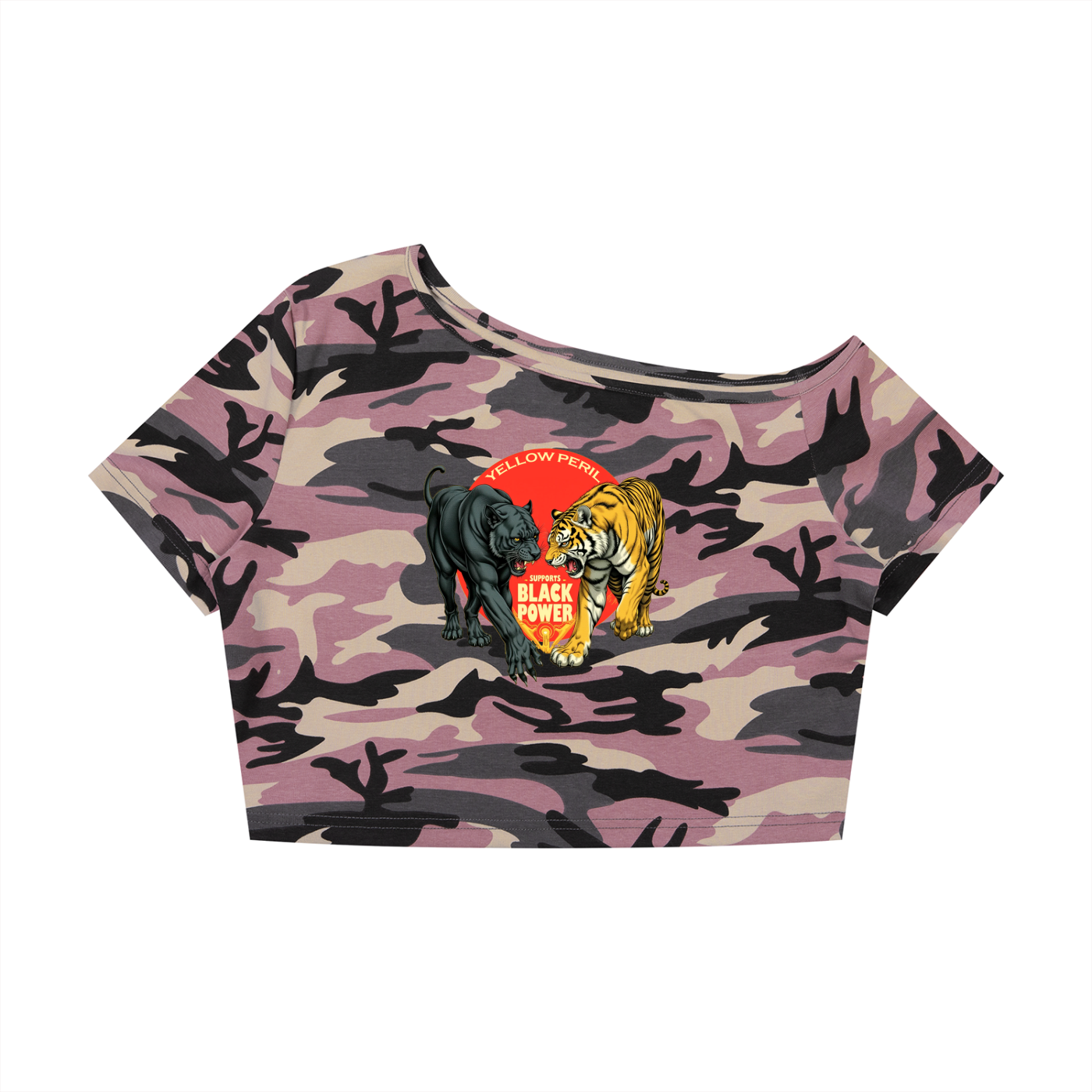 Women's Camo Off-Shoulder Crop T-Shirt