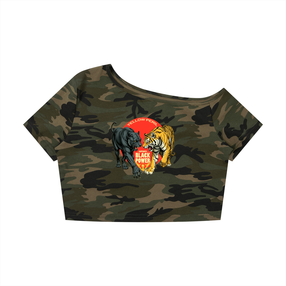 Women's Camo Off-Shoulder Crop T-Shirt
