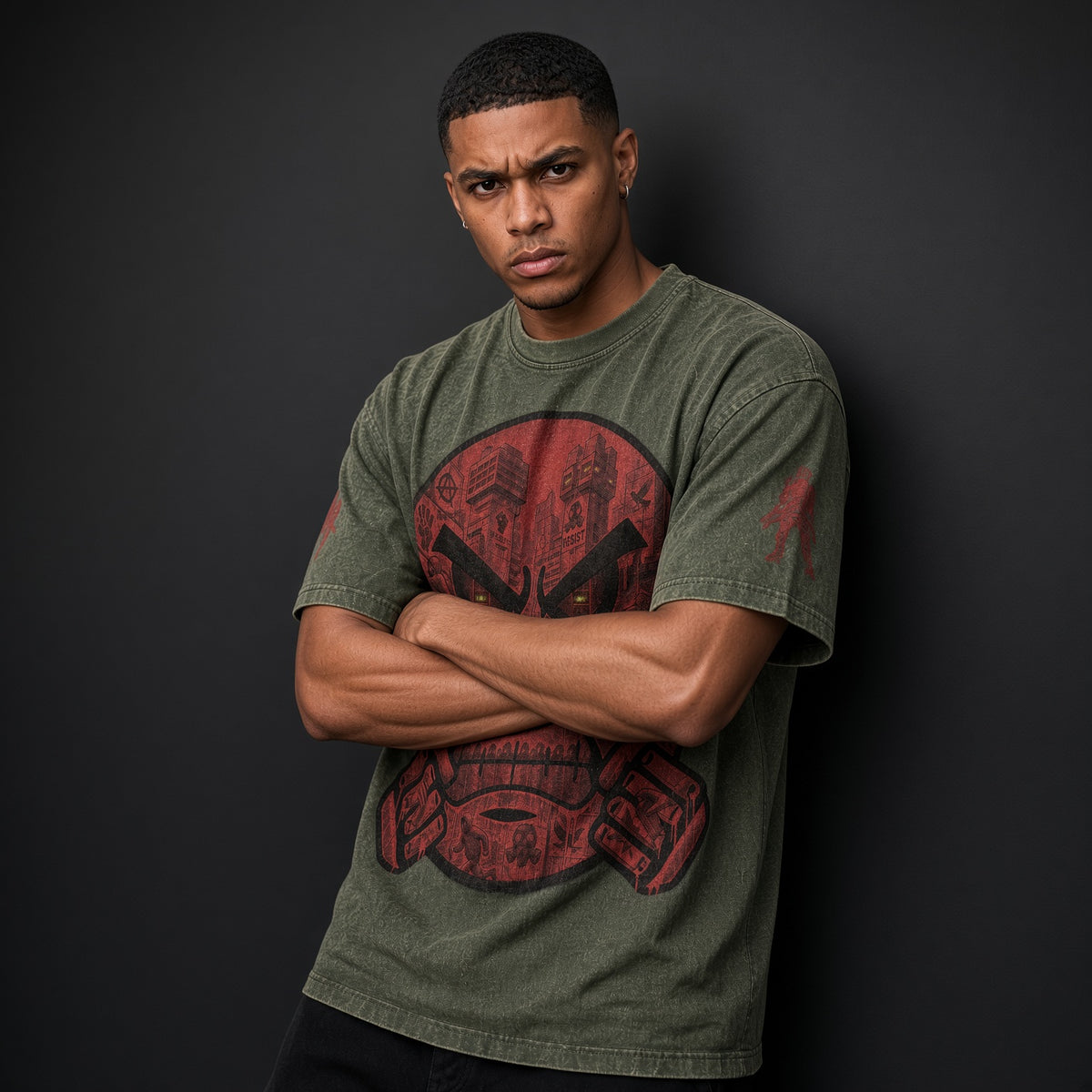 t-shirt "Nosmile"snow wash effect green