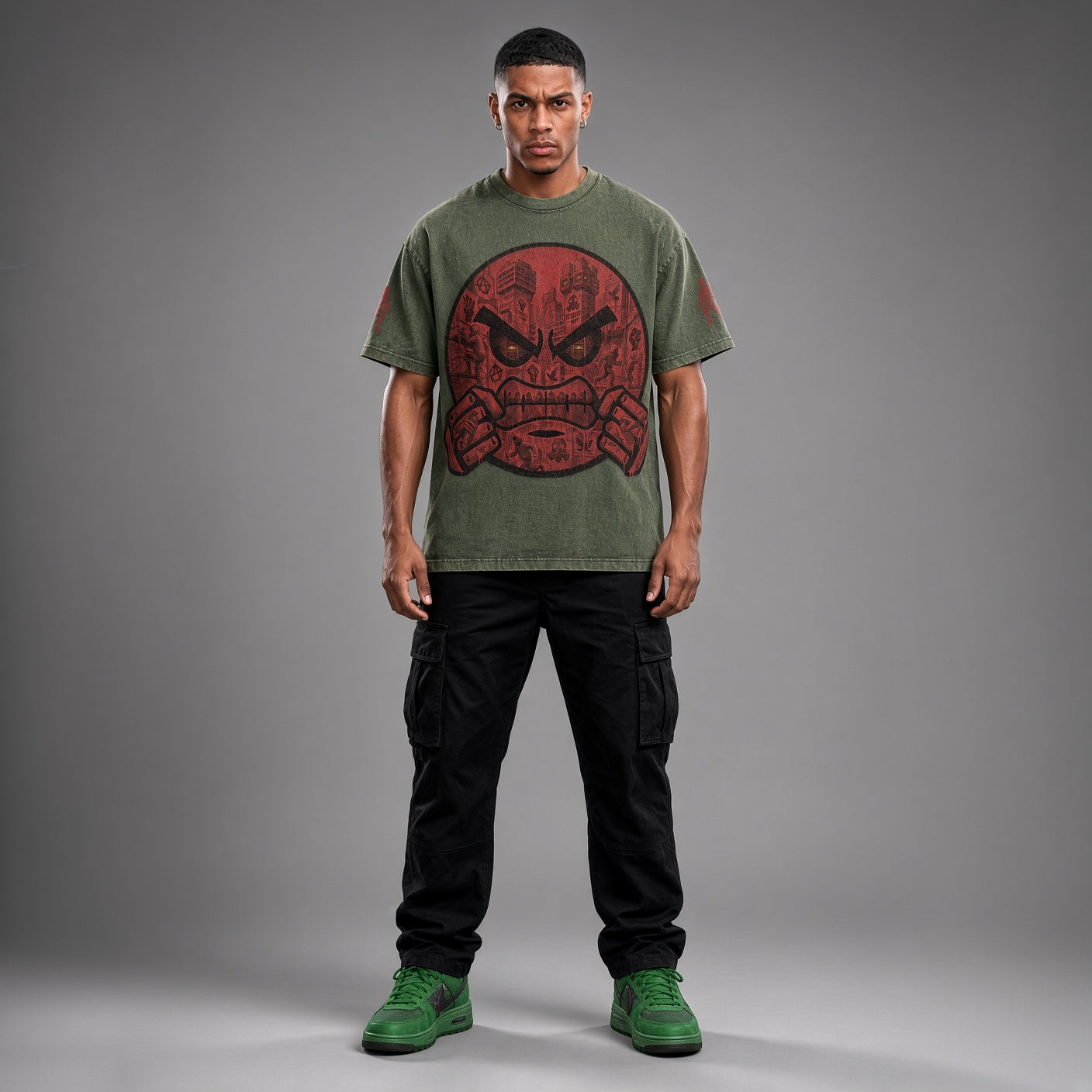 t-shirt "Nosmile"snow wash effect green